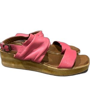 Bueno Maya pink Leather Slingback Wooden Wedge Sandal 41 9.5 boho travel comfort